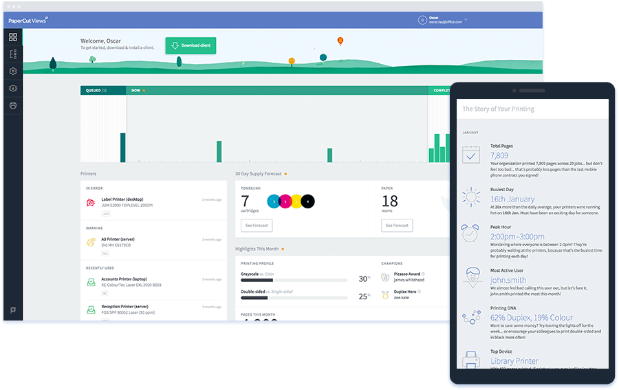 PaperCut Views on Desktop and Mobile Phones.