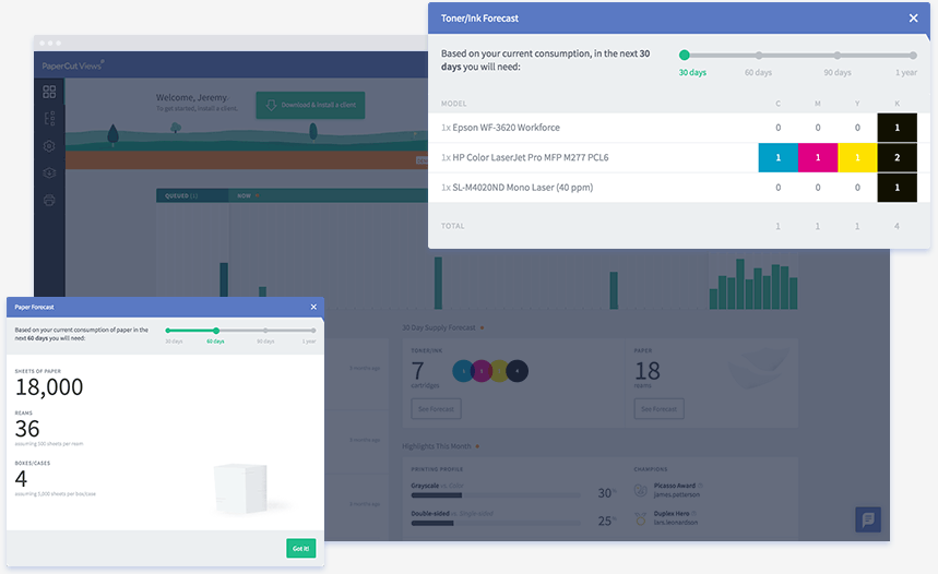 PaperCut Views Paper and Toner Forecast Alert Pop-ups.
