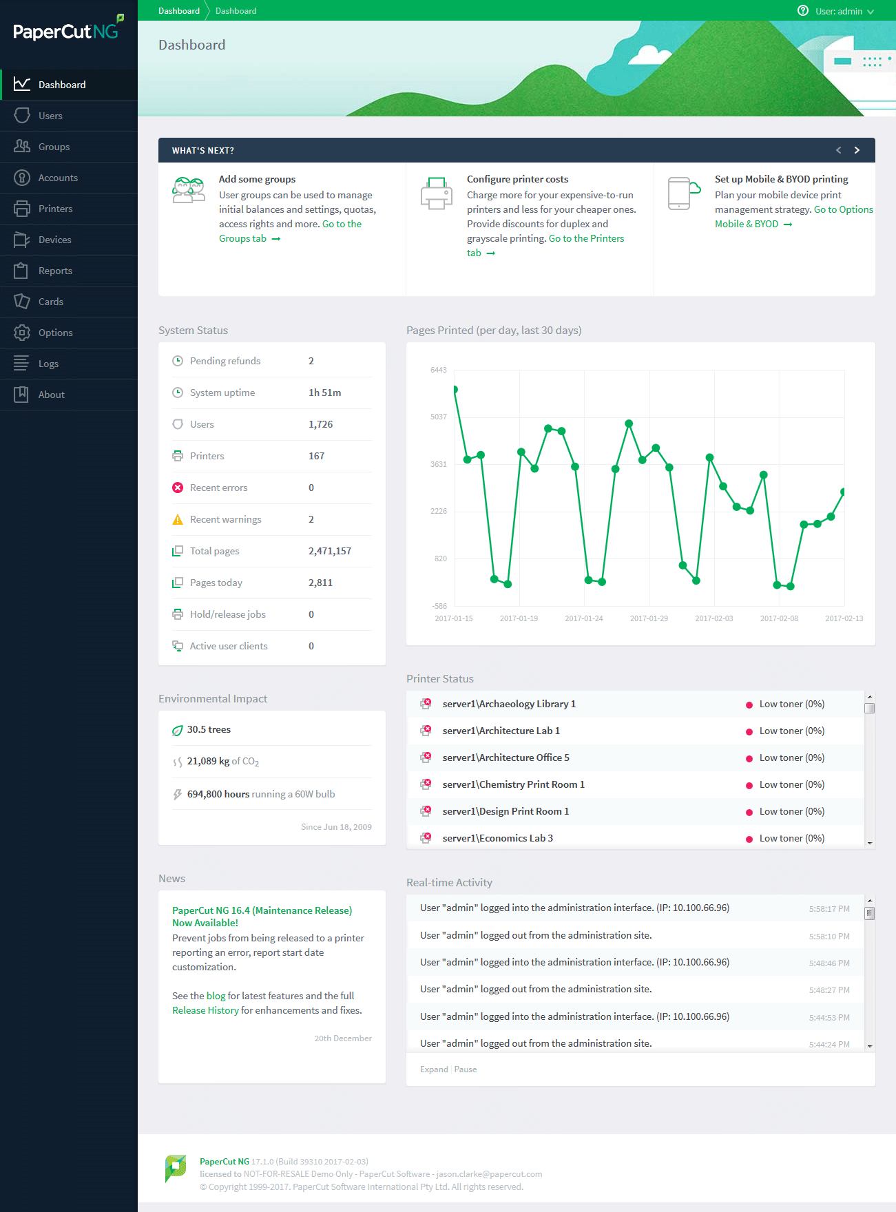 The dashboard, with system statistics and a printing volume graph The dashboard, with system statistics and a printing volume graph