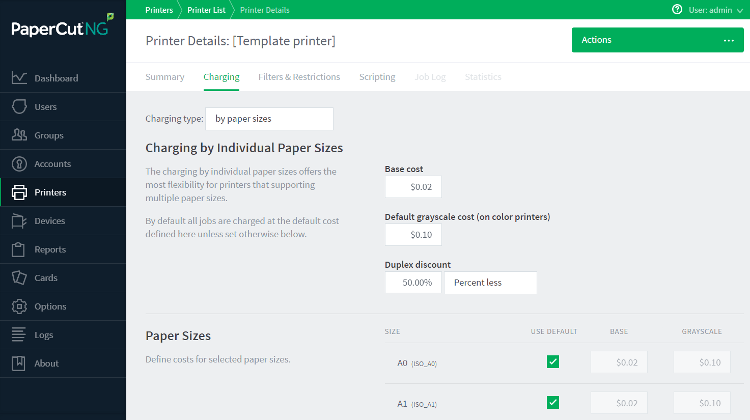 Defining printer cost settings per page size Defining printer cost settings per page size