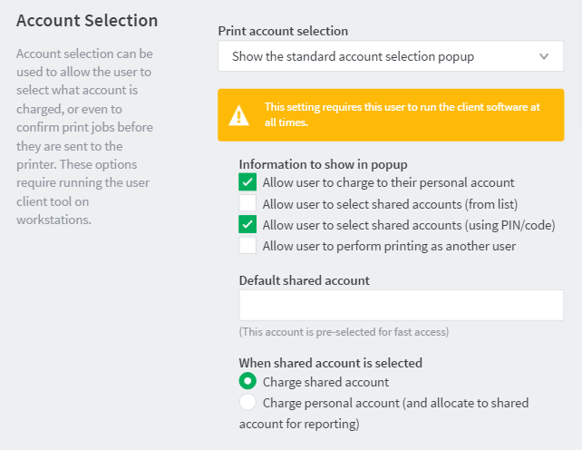 User account selection options User account selection options