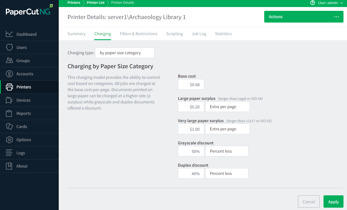 PaperCut NG Charging by category - one of several charging models