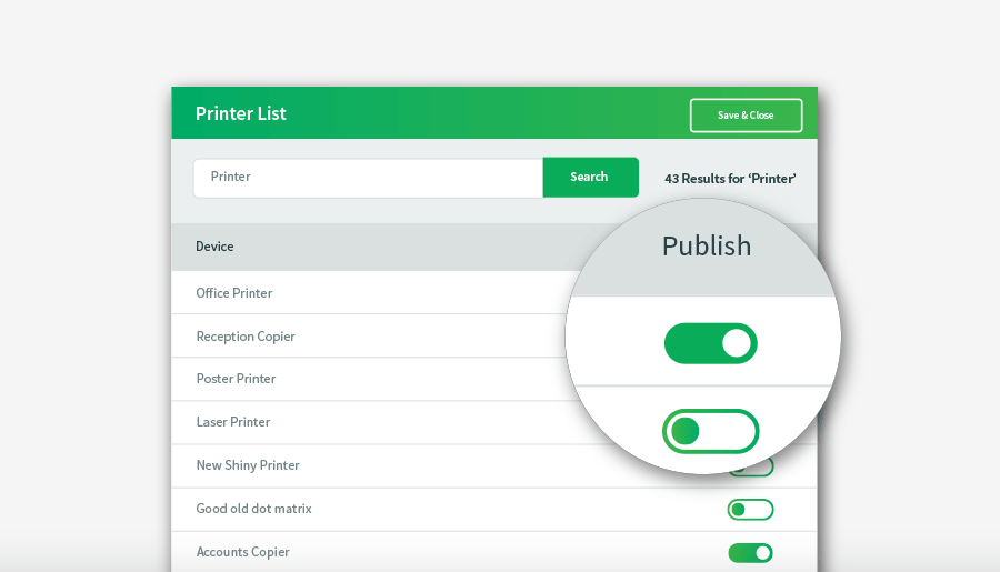 hponline, isten. PaperCut Mobility Print printer list interface.