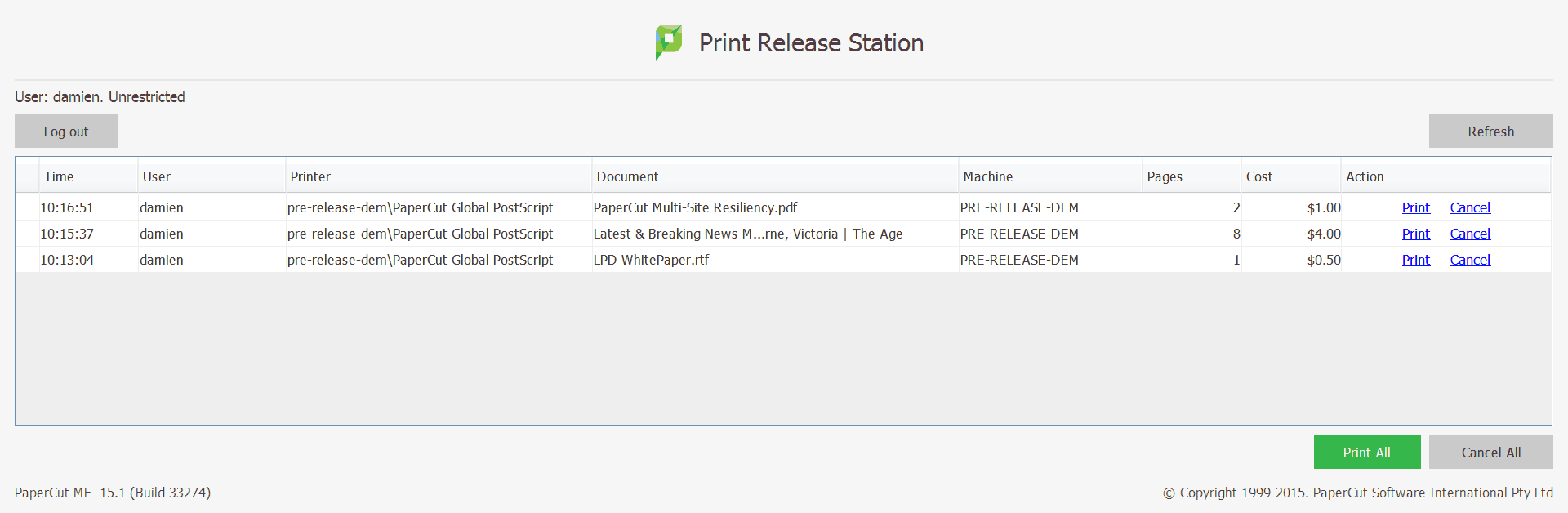 The PaperCut Print Release Station interface The PaperCut Print Release Station interface