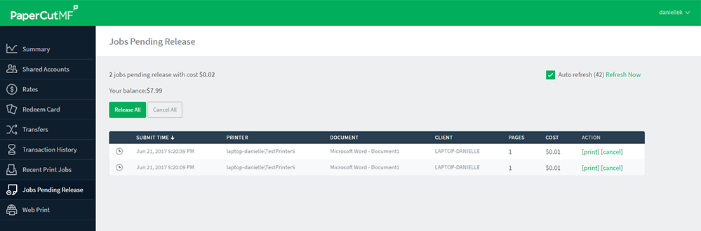 The PaperCut Print Release User interface The PaperCut Print Release User interface