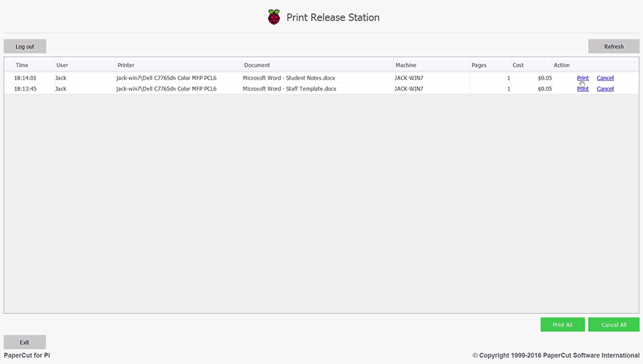 Raspberry Pi PaperCut Print Release Station Interface