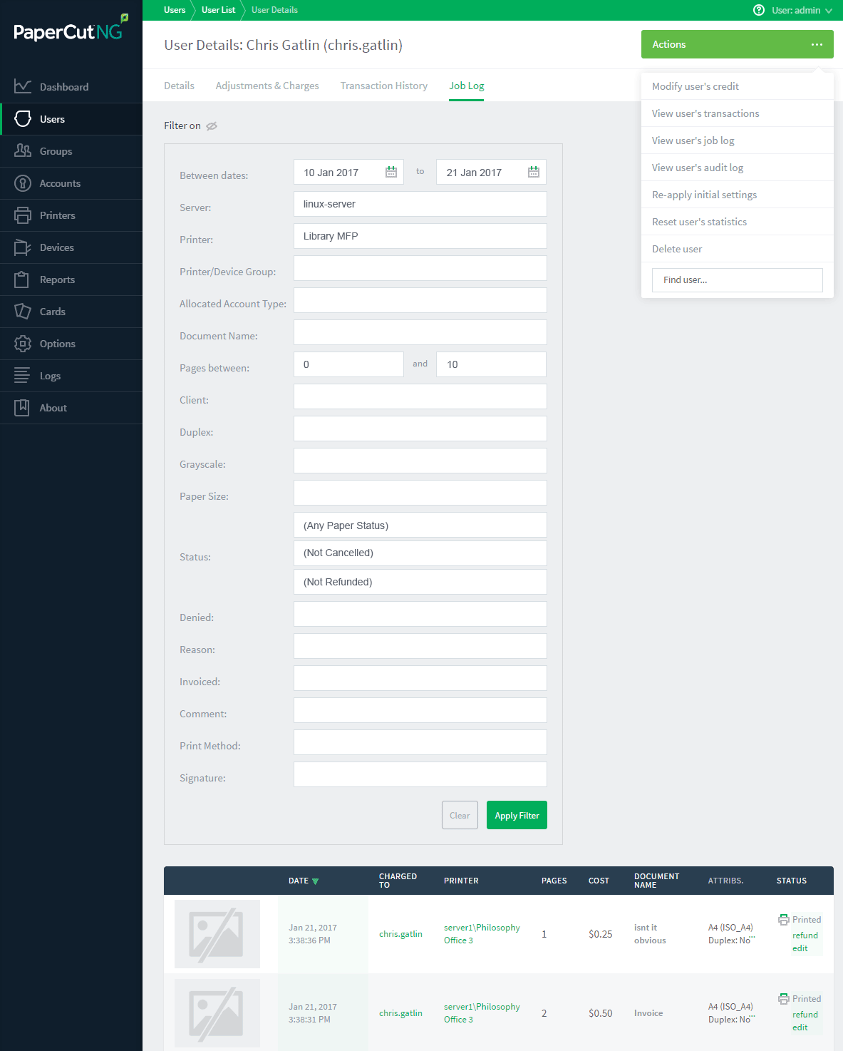 Use the filter panel to narrow the displayed print logs Filter Panel