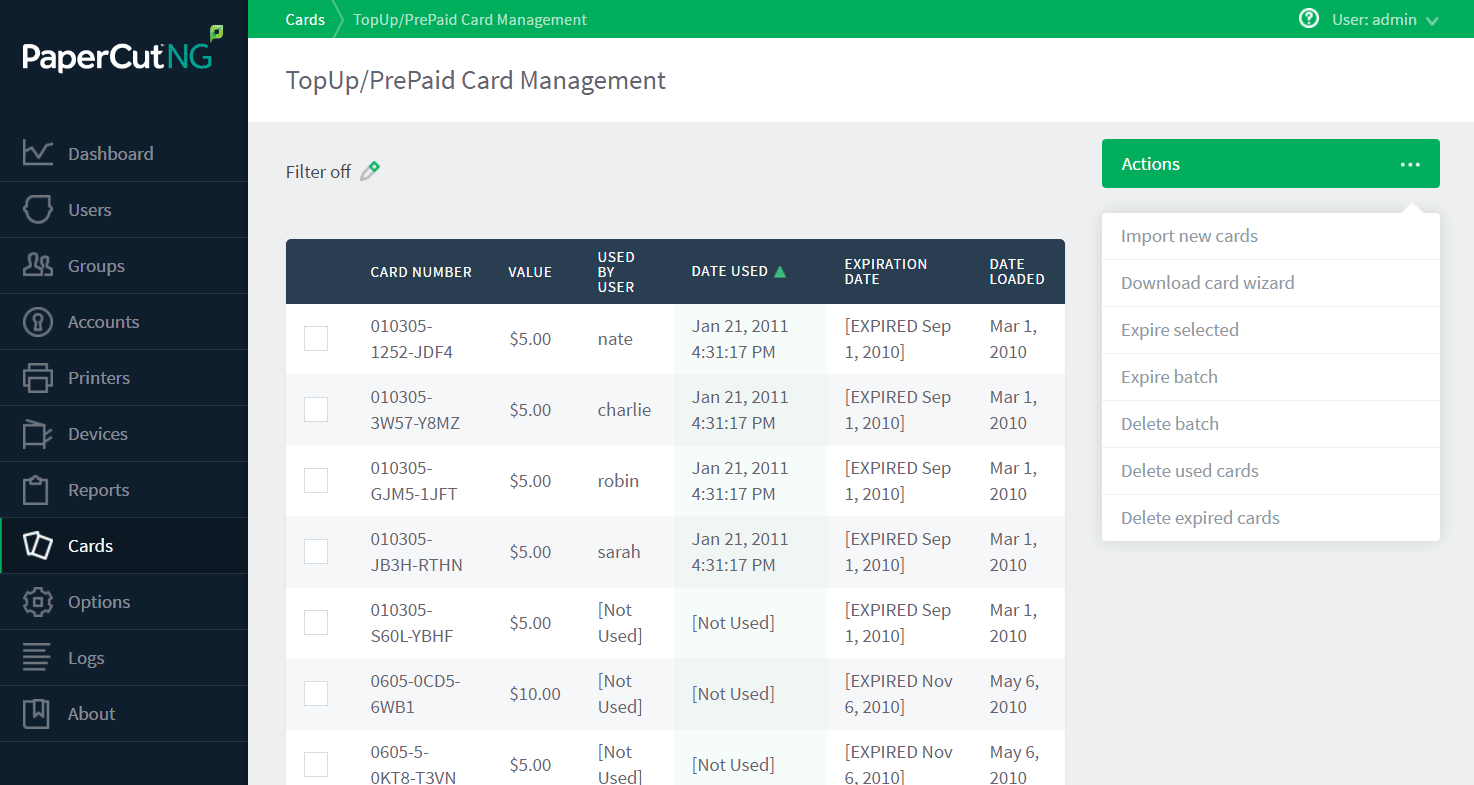 Managing cards from the administration interface Managing cards from the administration interface