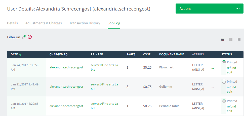 Print job history of a user Print job history of a user
