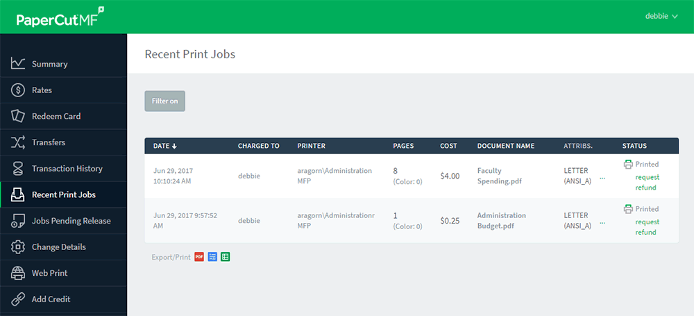 Recent Print Jobs page - a user\'s reference for their print history and may also request refunds Recent Print Jobs page - a user\'s reference for their print history