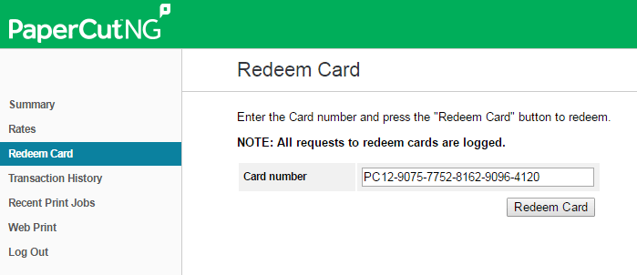 Redeem Card page - add top-up/pre-paid card value to user balance Redeem Card page - add top-up/pre-paid card value to user balance