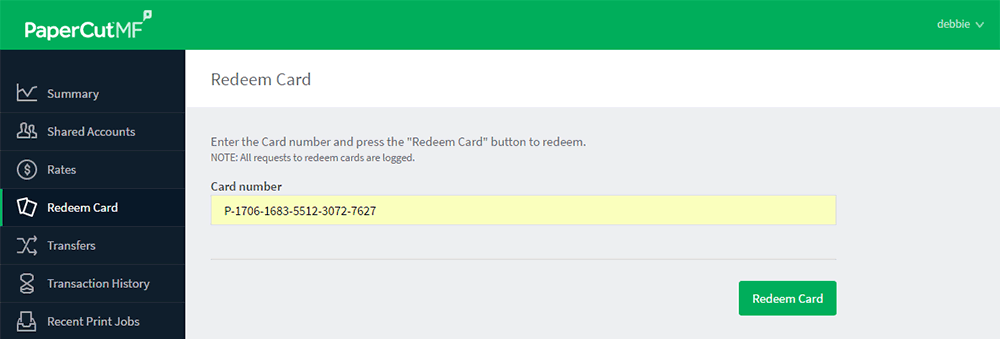 Redeem Card page - add top-up/pre-paid card value to user balance Redeem Card page - add top-up/pre-paid card value to user balance