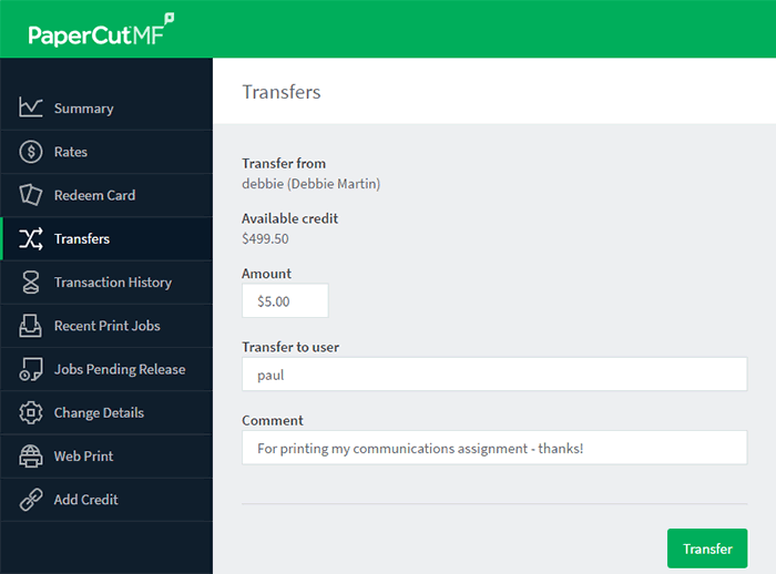 Transfers page - transfer balance to other users/students Transfers page - transfer balance to other users