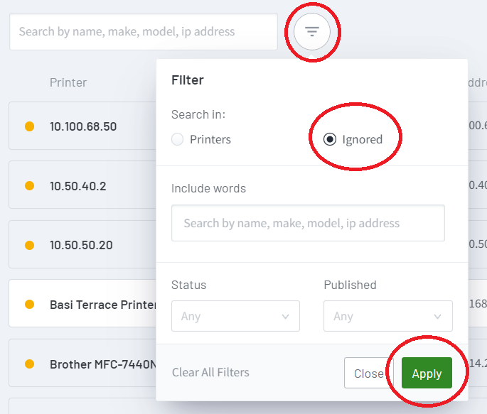 Picture showing the Ignore printers filter