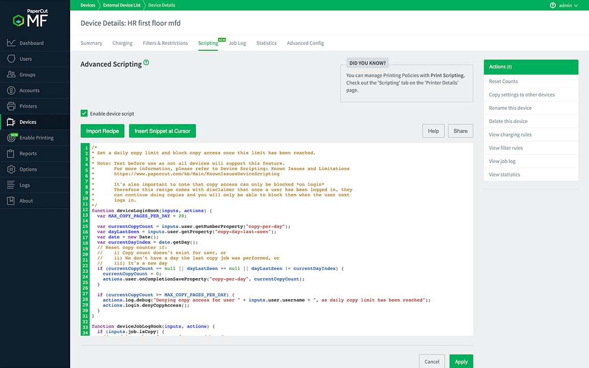 PaperCut MF device scripting editor