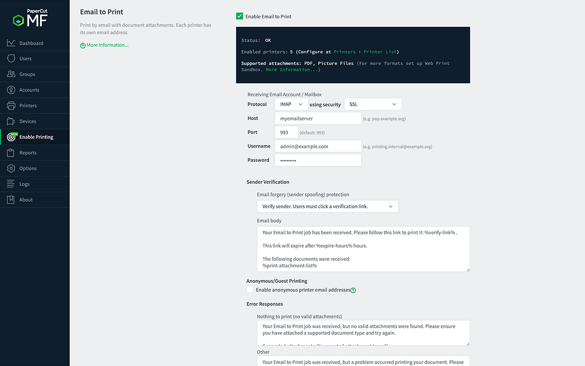 PaperCut MF Email to print setup