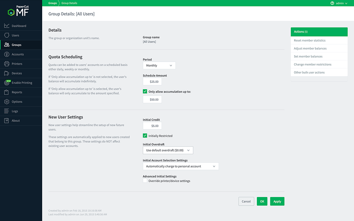 PaperCut MF allows you to easily set print quotas for groups or individual users