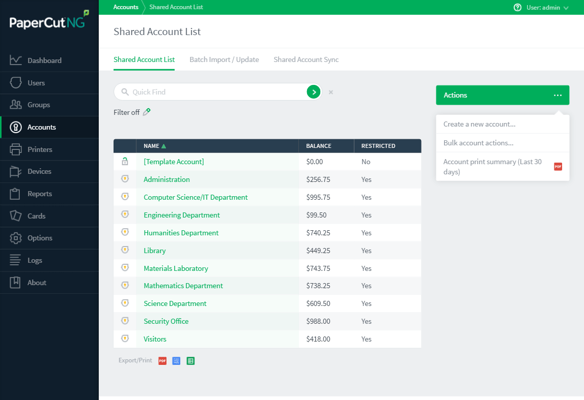 A screenshot of the 'Accounts' tab within the PaperCut NG/MF administration interface, showing the shared accounts available.