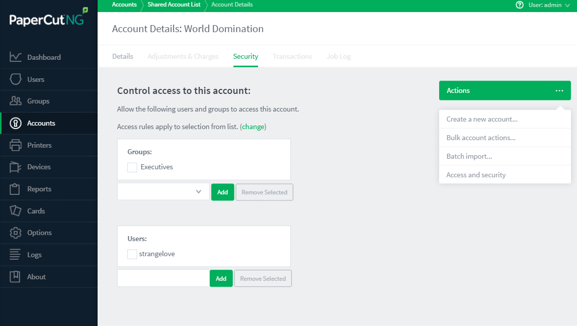 A screenshot of the 'Security' tab within the config for a Shared Account, showing the admin configuring group and user access to the specific shared account.