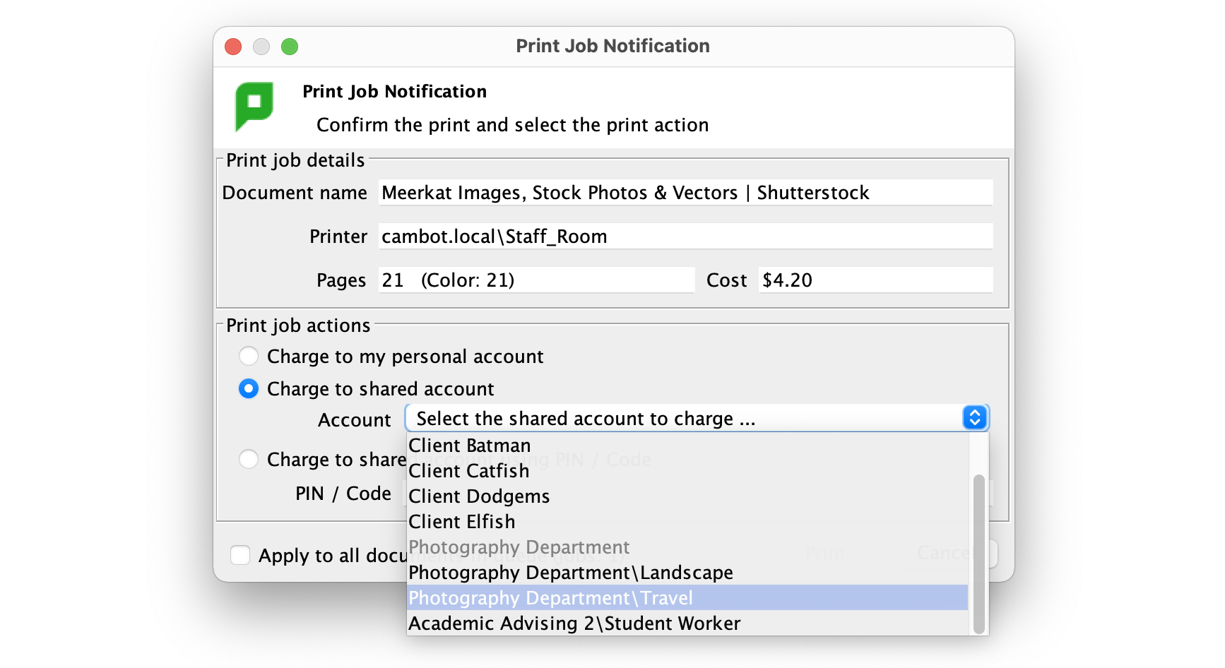 A screenshot of the PaperCut Standard User Client showing the drop down list of shared accounts available.