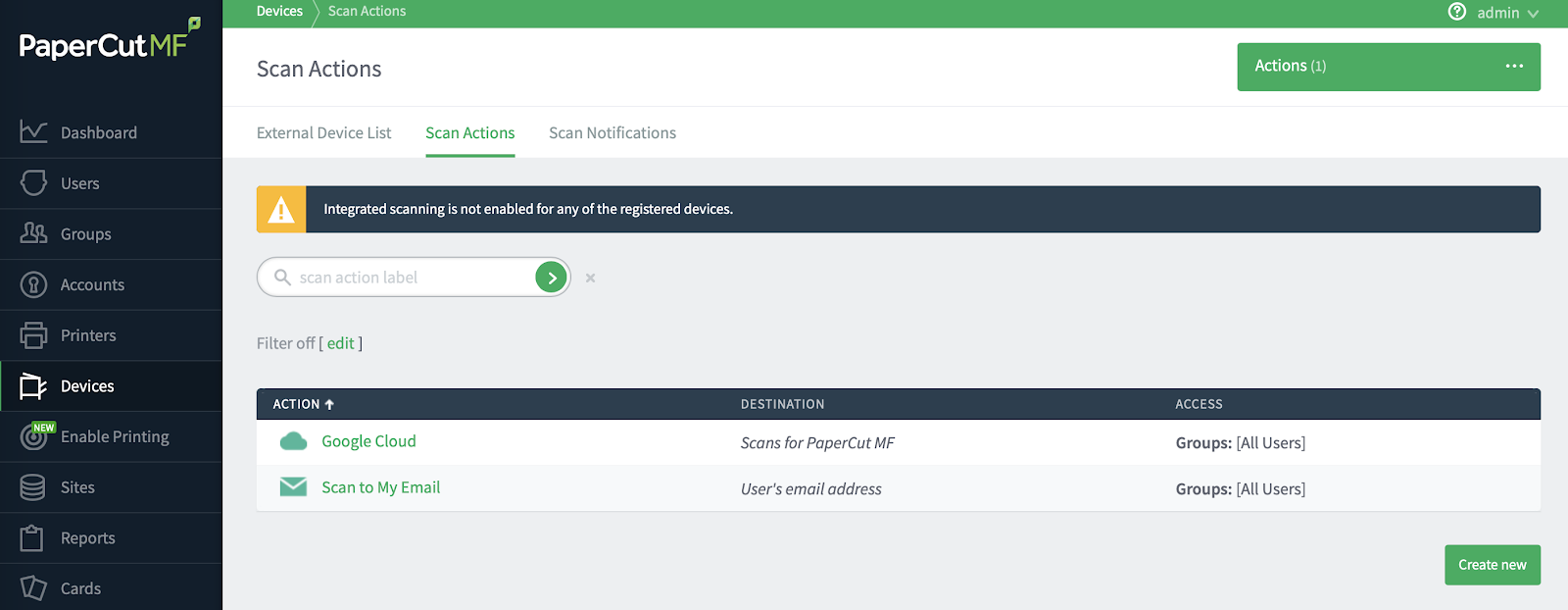 Scan actions setup on PaperCut MF