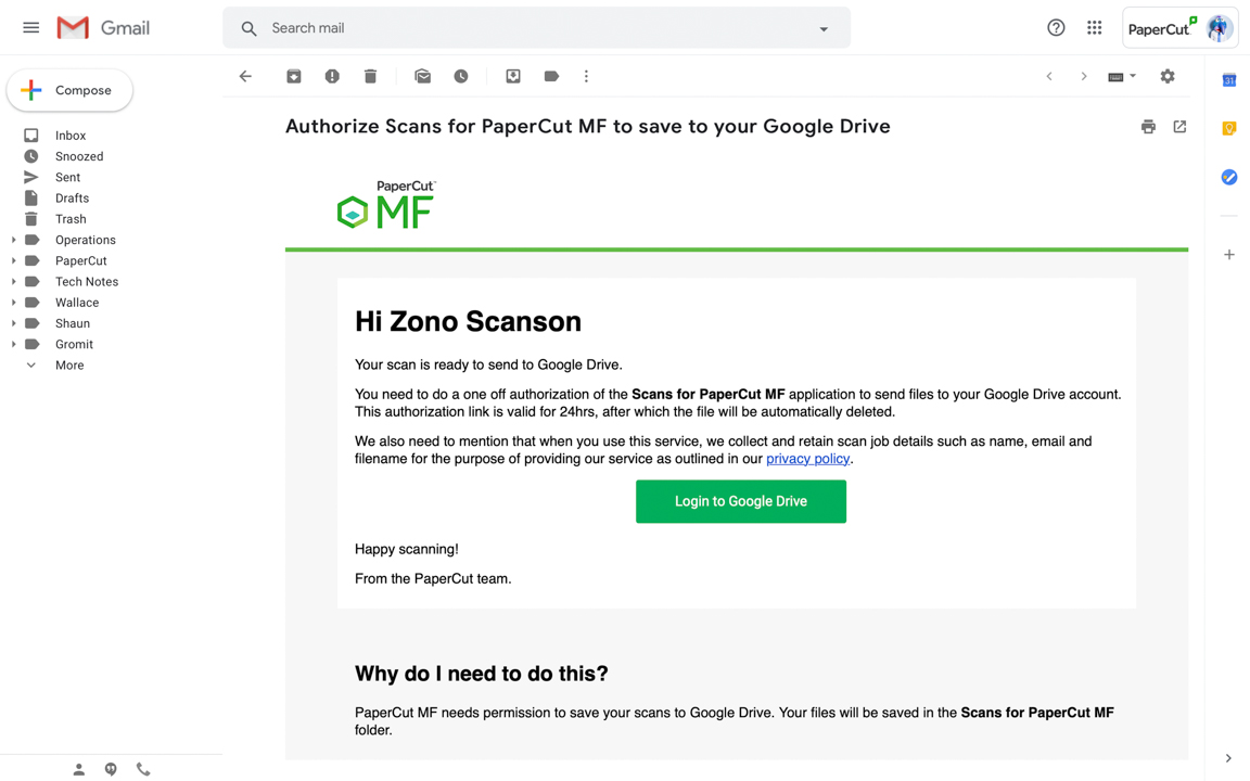 A PaperCut MF authentication email for a scanning job