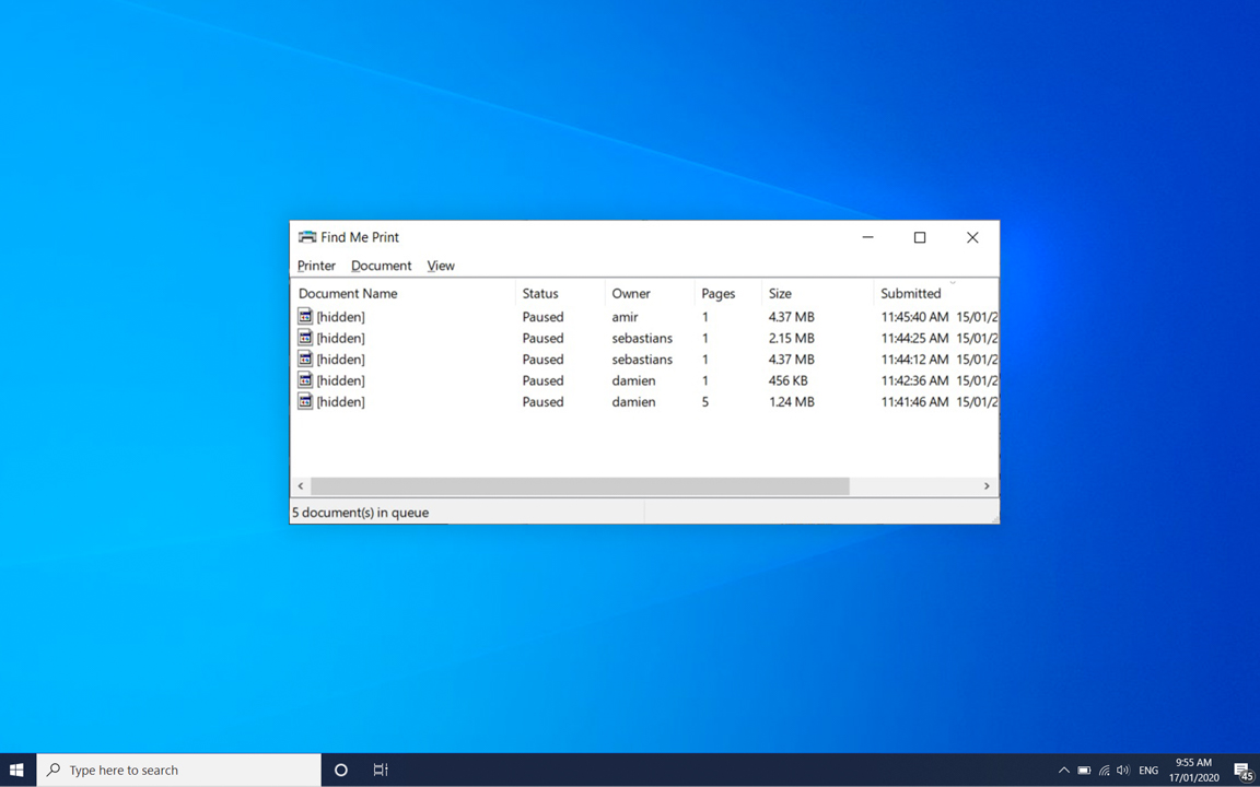 A PaperCut Find Me print queue, where each job is labelled with [hidden]