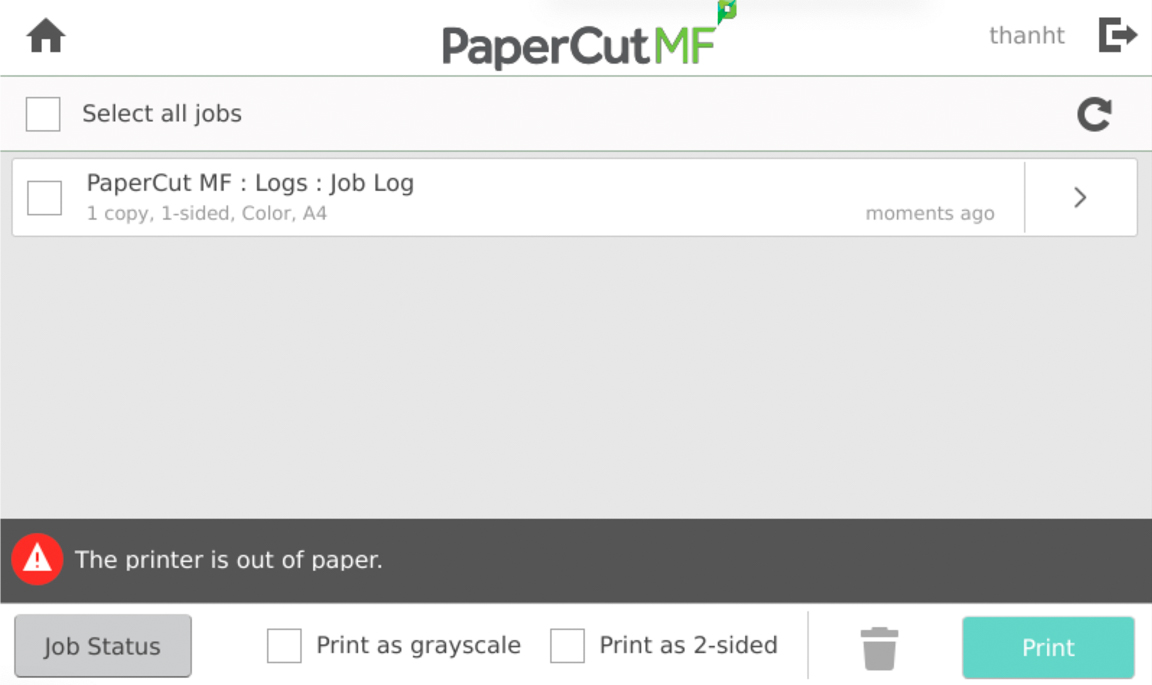 A PaperCut MF alert informing the user that the printer is out of paper