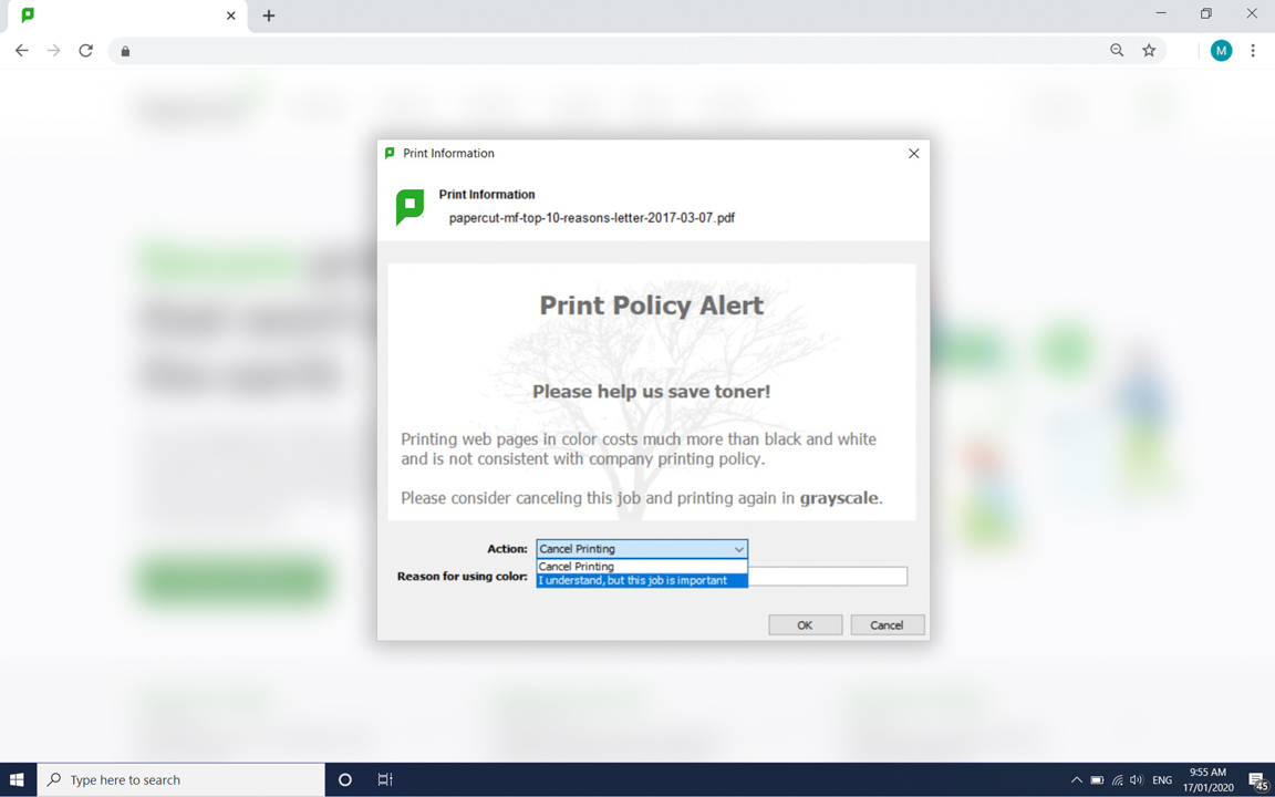 A PaperCut print policy alert popup