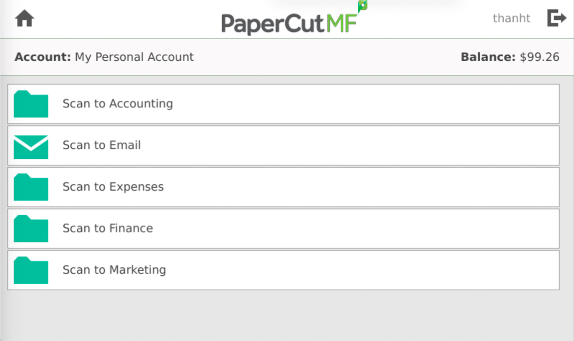 PaperCut MF scan actions menu