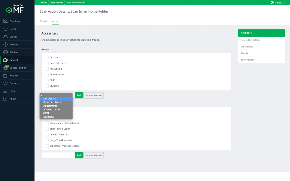 A user making changes to scan access settings in PaperCut MF