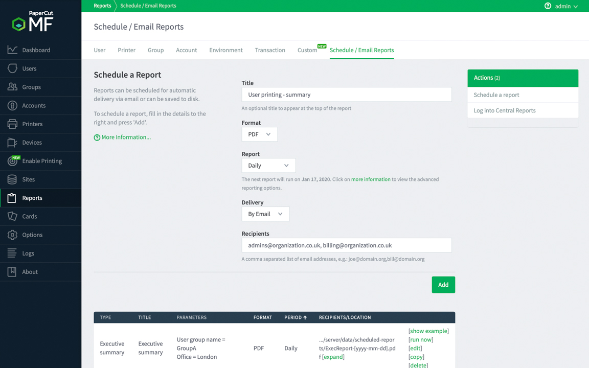 PaperCut MF Schedule a Report