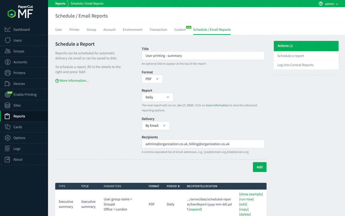PaperCut MF Schedule / Email Reports menu