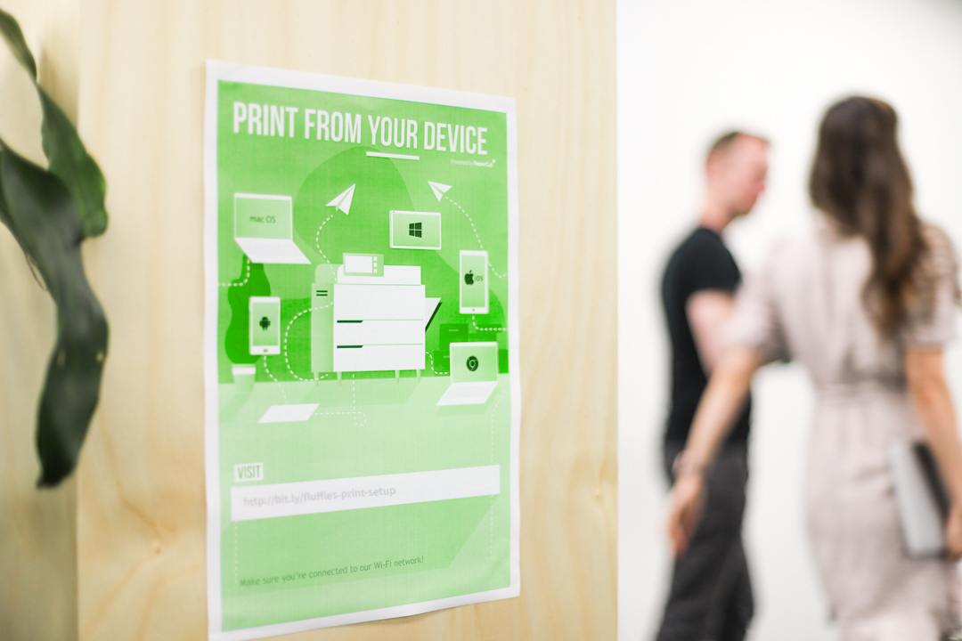 A PaperCut flyer that says 'PRINT FROM YOUR DEVICE'