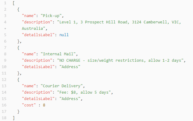 The above delivery options, shown in JSON.