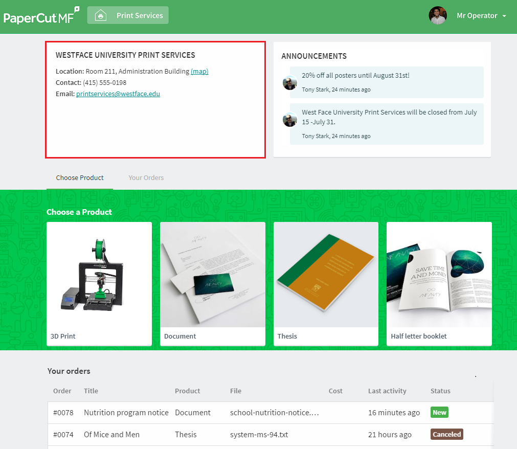 Here is an example of a print rooms contact details visible to your end users