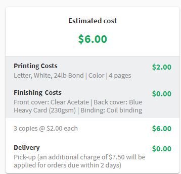 A screenshot showing what the new order form cost script shows for the end user.