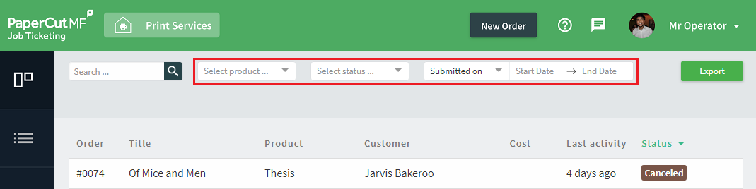 How to filter the list of jobs shown in the Order List view.