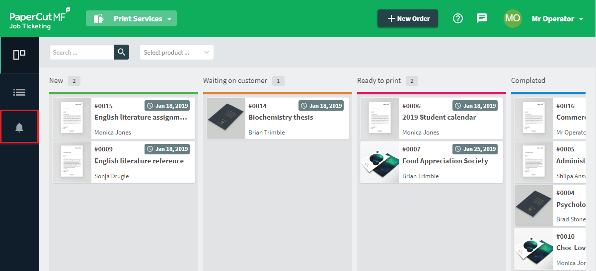 The location of the Notifications icon, in the Job Ticketing workflow view.