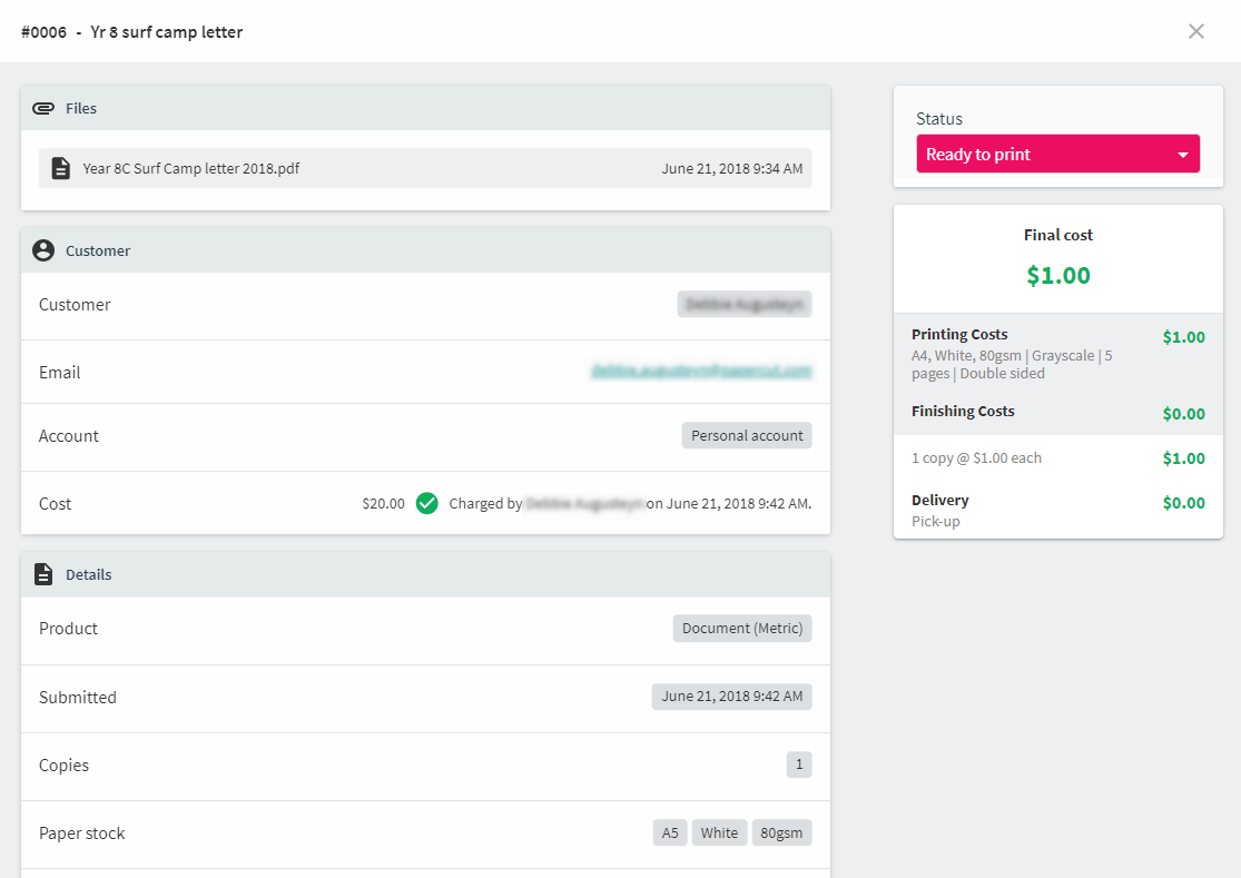 An example of viewing details for an individual order.