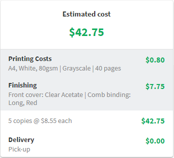 A screenshot showing the New Order form, showing cost estimations.