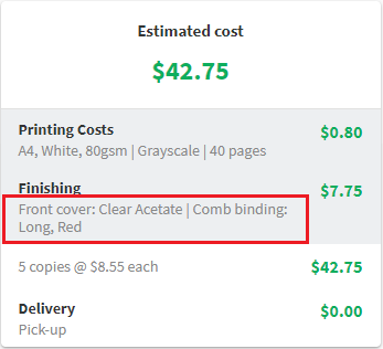 A screenshot showing the New Order form, showing cost estimations.