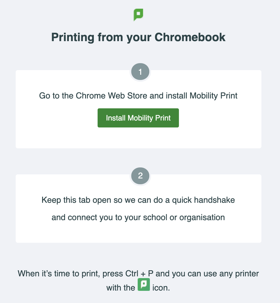 Screenshot of the Chromebook setup screen for Mobility Print.