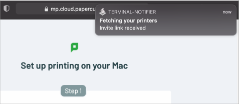 Screenshot of a macOS notification showing the status of 'Fetching your printers'.