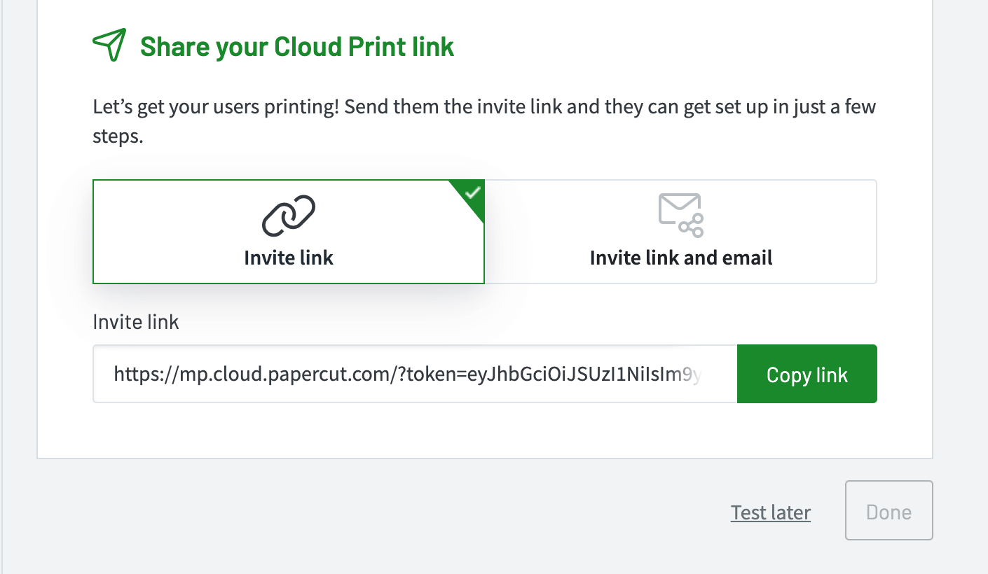 Screenshot showing the Invite link and email download