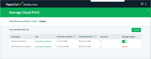 Screenshot showing the the admin interface for Mobility Print, listing the currently configured 'shareable links' for Cloud Print, and allowing you to add/edit.