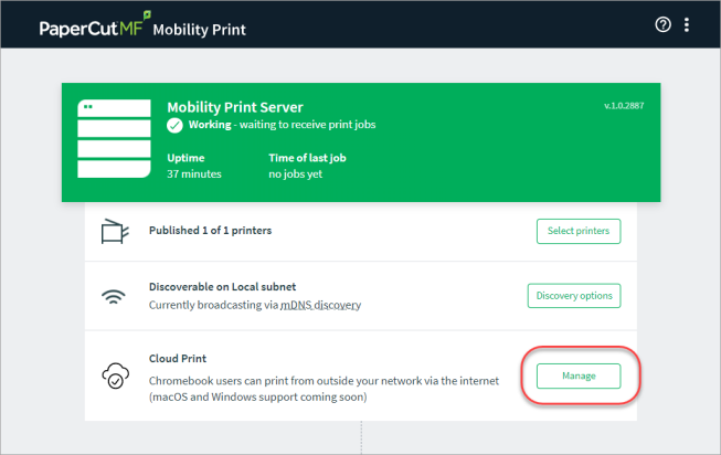 Screenshot showing the the admin interface for Mobility Print, with the 'manage' button highlighted next to the Cloud Print item.