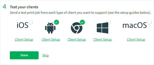 The Client Setup links for all supported clients, with ticks showing those that have successfully printed.