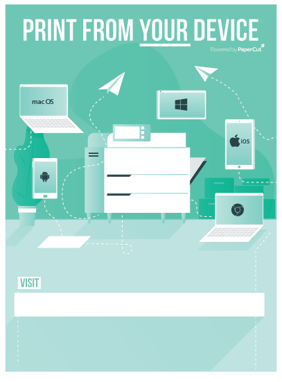 A poster image showing different devices printing seamlessly to your printers!