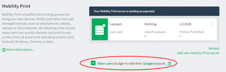 Check the box 'Allow users to sign in with their Google account' to allow single sign on for Chromebooks.